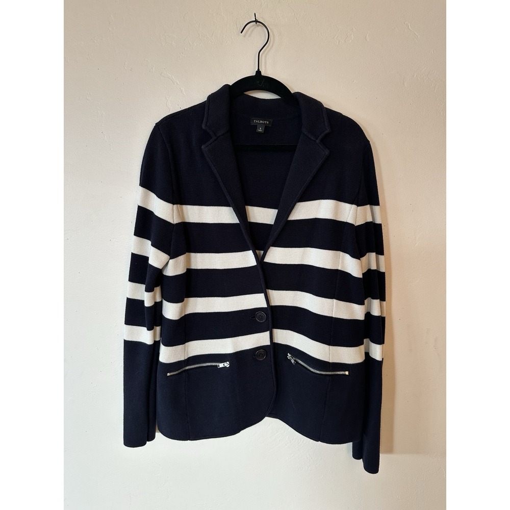 TALBOTS sweater jacket sz SP knit Nylon Rayon Cotton Navy White Stripes Cardigan